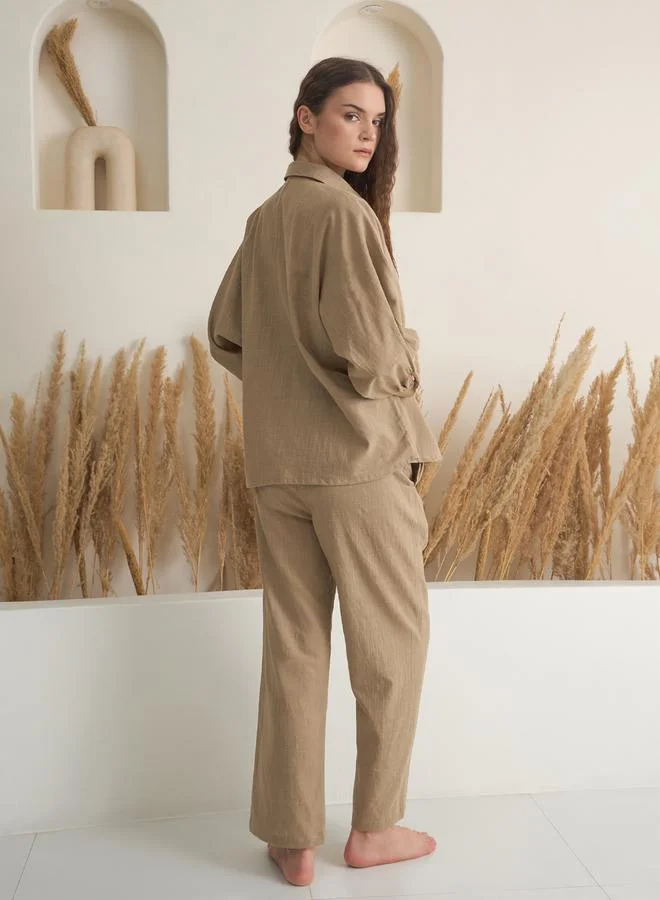 sanskrutihomes Women Beige Pure Cotton Shirt and Pyjama Set